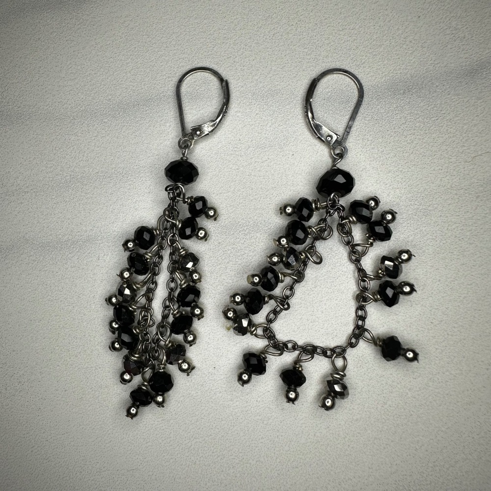 Dangle Chandelier Earrings Black Crystal Beads Sterling Silver Leverback‎ 925